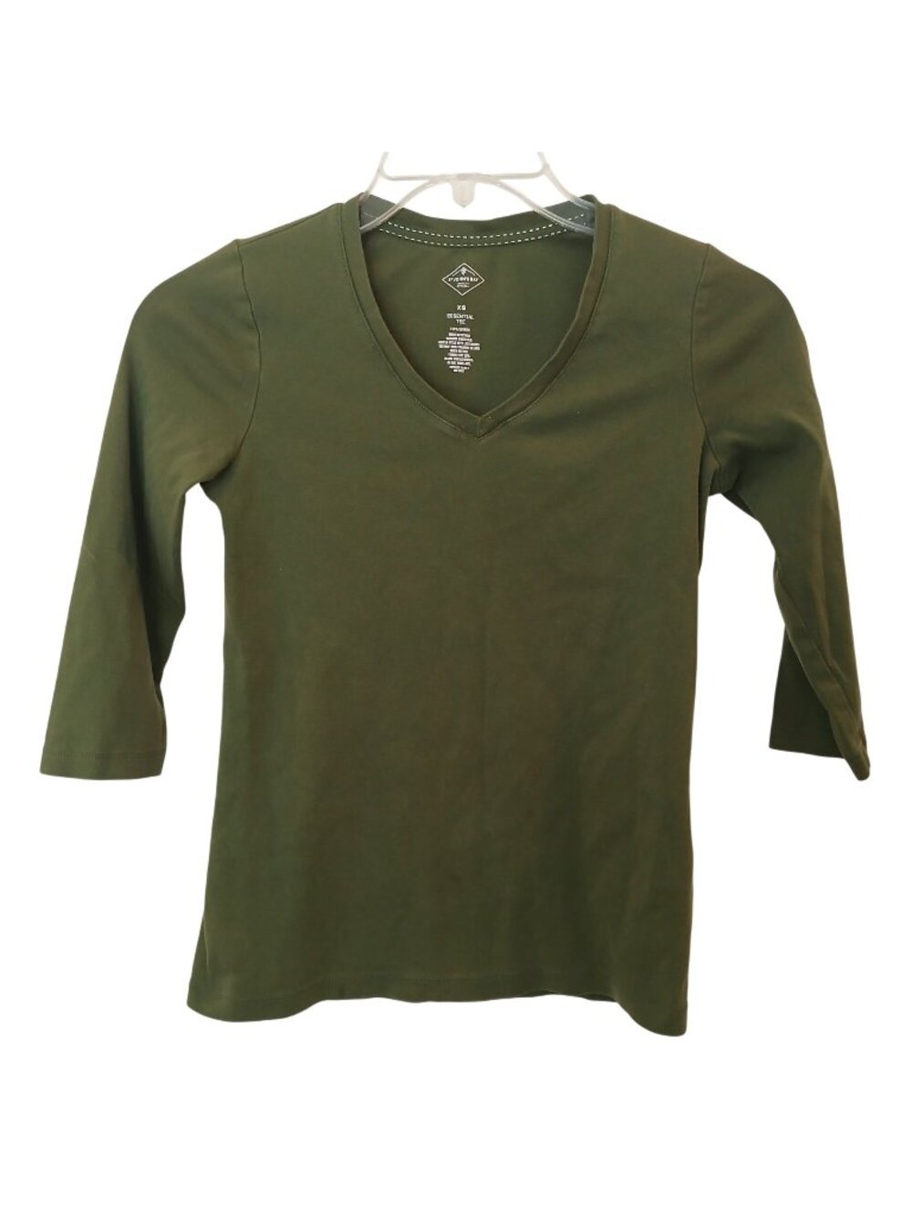 St Johns Bay Essential Tee Womans XS Cotton V-Neck Olive Green 3/4 Sleeve #D-42